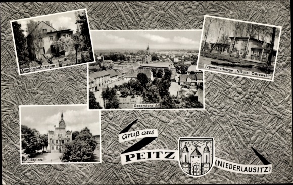 Ak Peitz in der Niederlausitz, jeugdherberg Nikolai Ostrowski, marktplein, wapenschild, overzicht