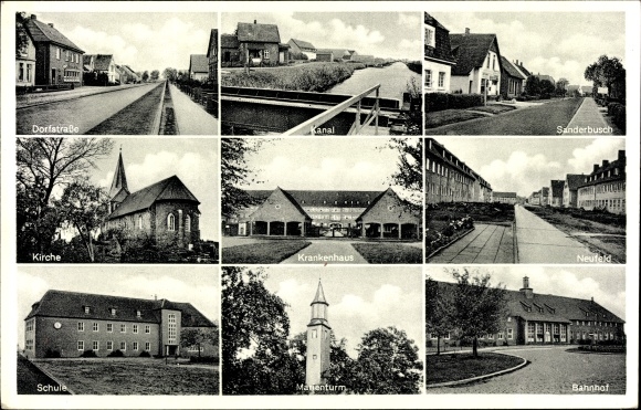 Postcard Sande in Friesland, canal, train station, hospital, school, Marienturm