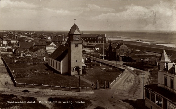 Postcard Nordseebad Juist in East Frisia, village view with Protestant church