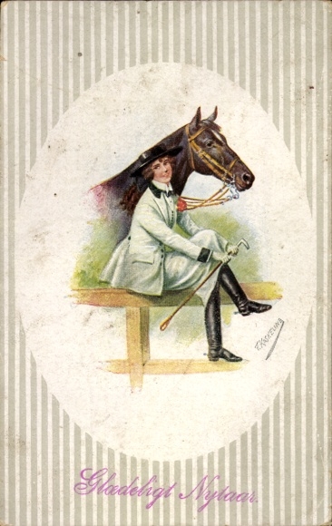 Artist Postcard Kaskeline, F., Happy New Year, woman with horse