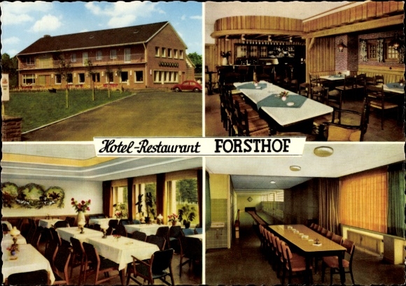 Postcard Wulfen Dorsten in Westphalia, Hotel Restaurant Forsthof, house view, interior views, bowling alley