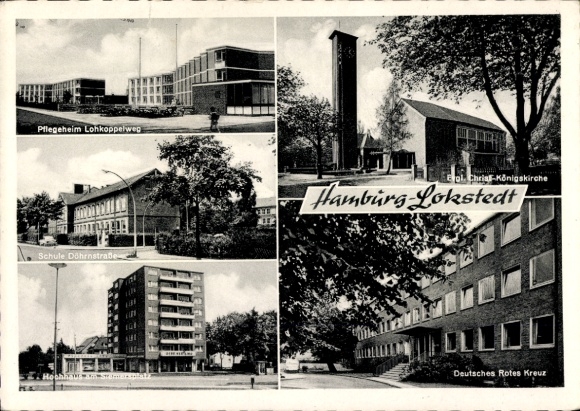 Postcard Hamburg Eimsbüttel Lokstedt, Lohkoppelweg nursing home, Döhrnstraße school, high-rise building, church, DRK