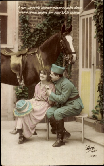 Postcard soldier with wife, lovers, soldier's love, horse