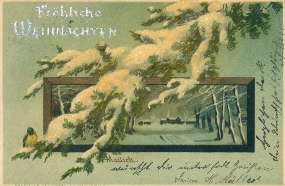 Glitterkunstenaar litho Mailick, Prettige Kerstdagen, Dennentakken, Mees