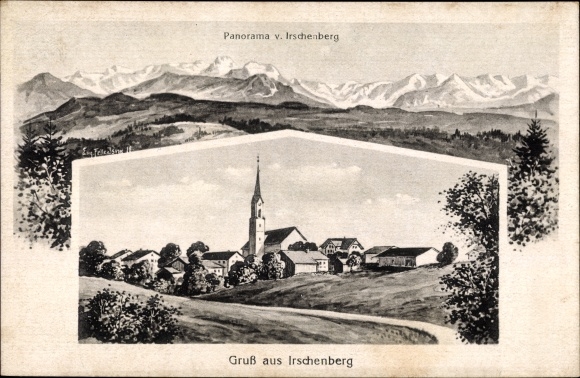 Artist PC skins, Eugen, Irschenberg in the district of Miesbach, panorama of the place, church