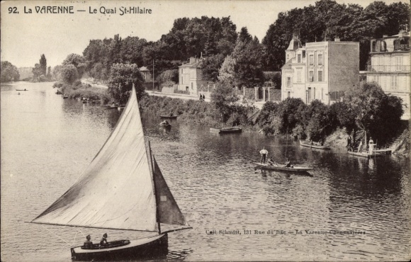 Ak La Varenne Saint Hilaire Val de Marne, Sicht auf den Quai St-Hilaire, Boot mit Segel, ruhiges 