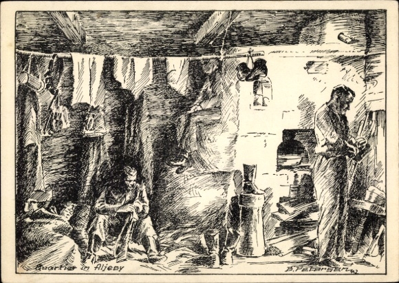 Künstler Ak B. Petersen, Quartier in Aljeny, Soldaten