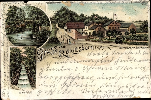 Chromo-Litho Finthen Mainz in Rhineland-Palatinate, Königsborn, waterfall, bus stop, pond, brewery
