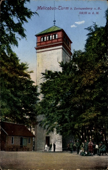 PC Zwingenberg on the Bergstrasse in Hesse, Melicobus Tower, tree cover, hiker