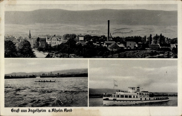 Postcard Ingelheim am Rhein, partial view, steamer