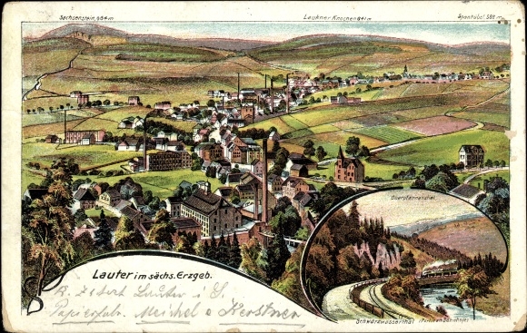 Chromo-Litho Lauter Bernsbach im Erzgebirge Sachsen, Panorama, Oberpfannenstiel, Schwarzwassertal