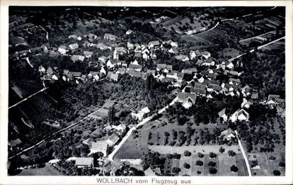 Postcard Wollbach Kandern in the Black Forest Baden, aerial photograph of houses and landscape, black and white