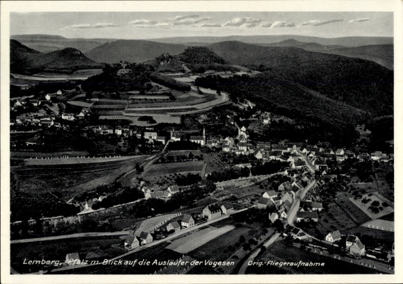 Postcard Lemberg in the Palatinate, aerial photograph, view of the foothills of the Vosges