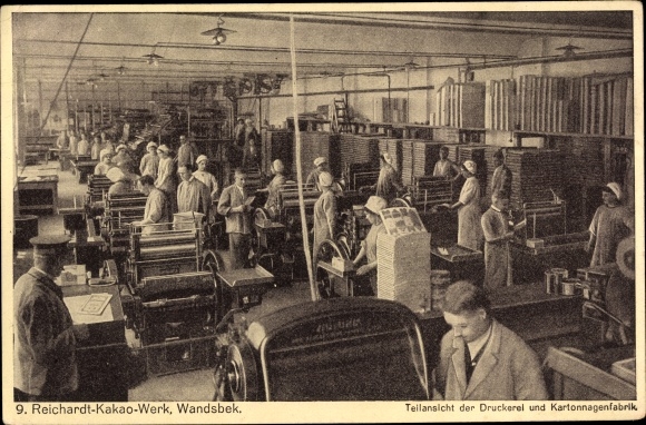 Ansichtkaart Hamburg Wandsbek, cacaofabriek Reichardt, drukkerij en kartonfabriek, machines, arbeiders