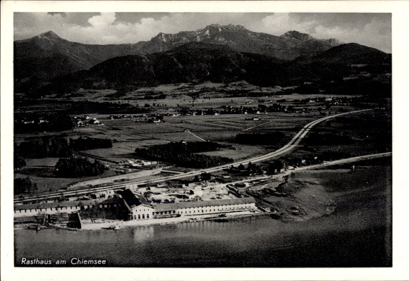Ak Bernau am Chiemsee, Rasthaus am Chiemsee, Fliegeraufnahme