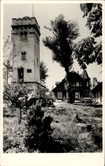 Ak Ehrenberg Altenburg in Thüringen, Berggasthaus, Turm, Bäume, Wiese, aufnahme