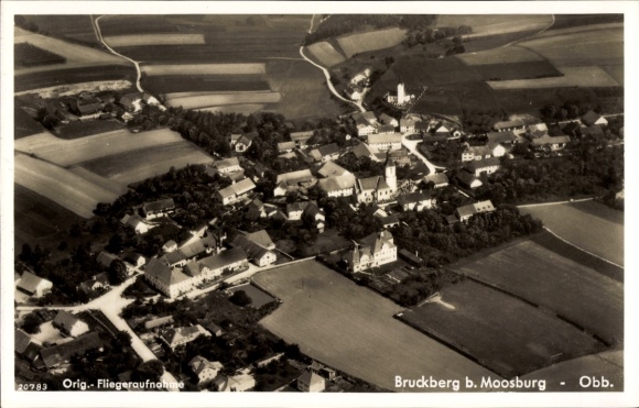 Postcard Bruckberg in Lower Bavaria, aerial view of Bruckberg, fields and buildings visible, quiet landscape
