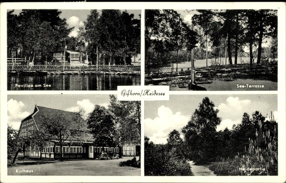 Postcard Gifhorn in Lower Saxony, pavilion, spa house, lake terrace, heath area