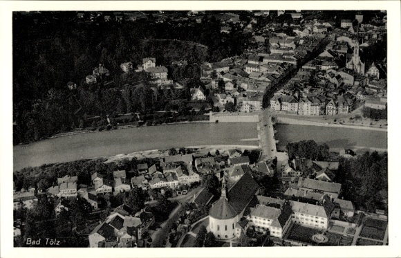 Postcard Bad Tölz in Upper Bavaria, aerial view of river, buildings, streets, nature