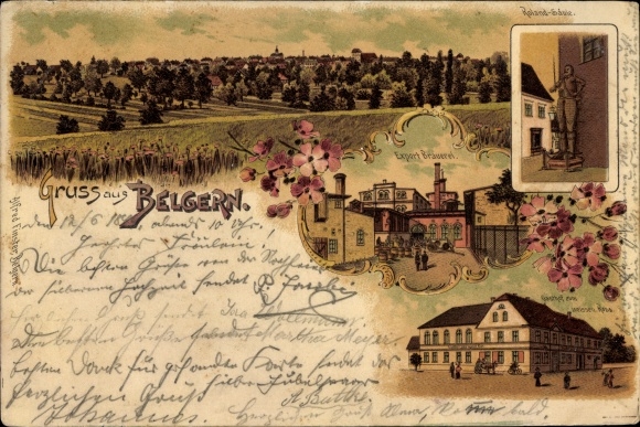 Chromo-Litho Belgern Schildau in Nordsachsen, total view, export brewery, Roland column