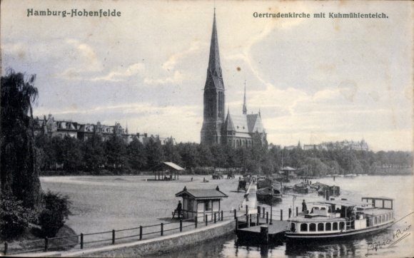 Postcard Hamburg Nord Hohenfelde, Gertrudenkirche with Kuhmühlenteich
