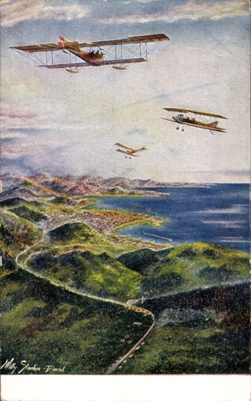 Artist Postcard Straka, Willy, Air battle over the port of Trieste, Kuk military aircraft