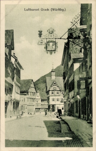 Postcard Bad Urach in the Swabian Alb Württemberg, street scene with half-timbered houses, inn...