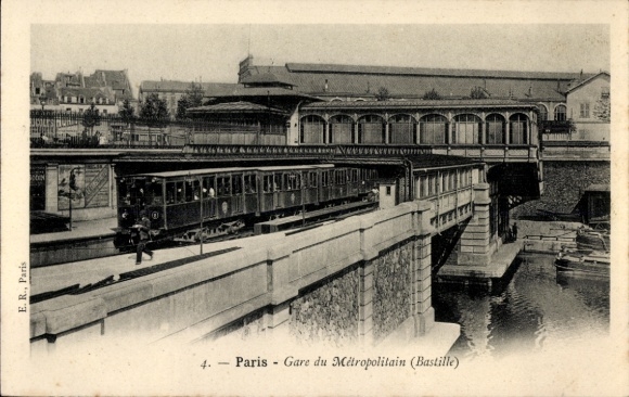 Postcard Paris XI, Gare du Métropolitain, Bastille, train on viaduct