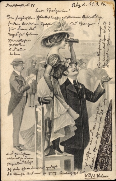 Artist Postcard Couple at the horse race, lady with binoculars, sparkling leaves for a happy mood