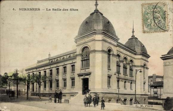 Ak Suresnes Hauts de Seine, La Salle des fêtes,  Architektur, Bäume, Menschen