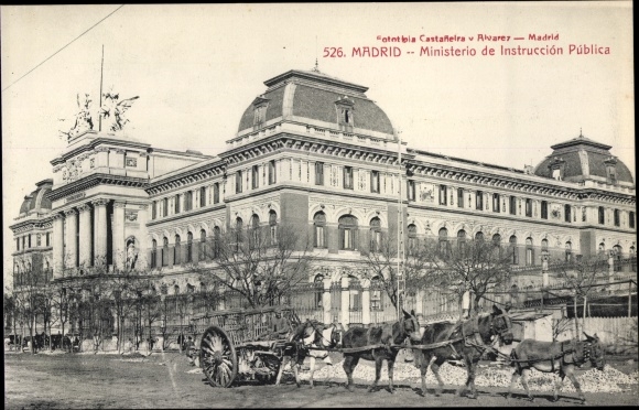 Postcard Madrid Spanien, Ministry of Public Instruction, Esel mit Fuhrwerk