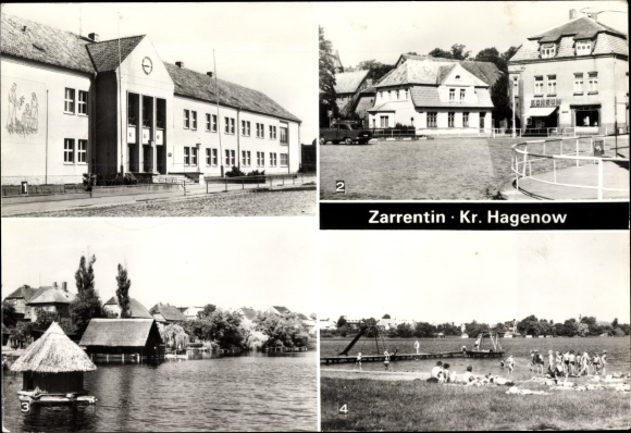Postcard Zarrentin am Schaalsee, Polytechnic High School, Ernst Thälmann Platz, lido