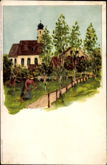 Artist PC Lippe, K., Sankt Heinrich Münsing am Starnberger See, local section with church, Mahd