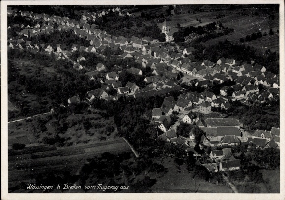 Postcard Bretten in Baden, aerial view of Wässingen, many houses, church visible