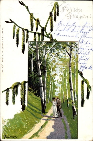 Artist Chromo-Litho Mailick, Congratulations Pentecost, couple in a birch avenue