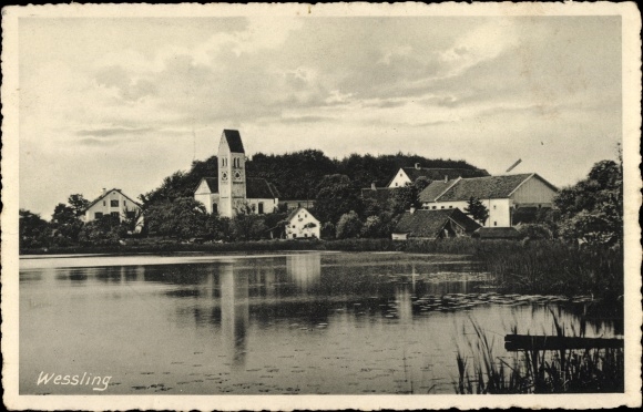 Postcard Wessling Wessling Upper Bavaria, lake, residential buildings