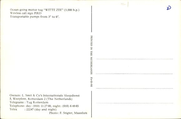 Postcard Tug MT Witte Zee, L. Smit & Co., International Sleep Service