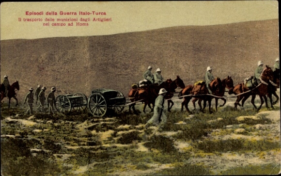 Postcard Episodi della Guerra Italo-Turco, Transporto delle munizioni dagli Artiglieri