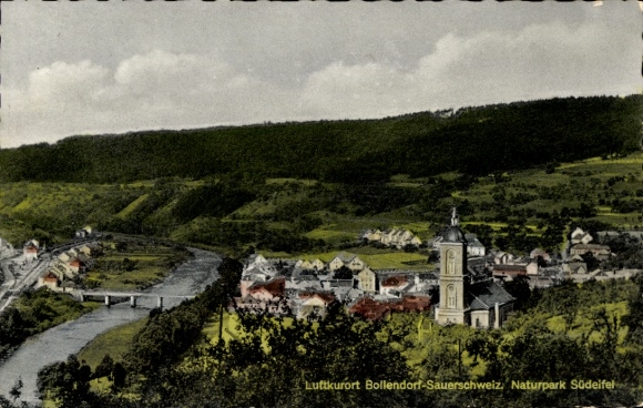 Postcard Bollendorf in the Eifel Palatinate, partial view, church, Sauerschweiz, South Eifel Nature Park