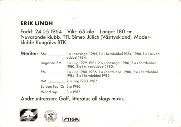Postcard table tennis player Erik Lindh, autograph