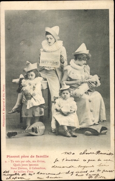 Postcard Pierrot father of the family, We will spin, o Colombine