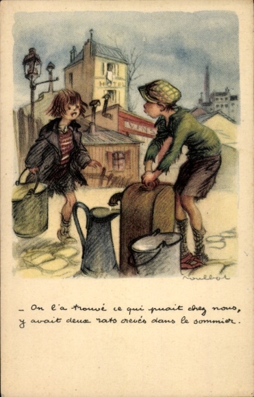 Artist PC Poulbot, Francisque, boy at the water pump, girl with a bucket