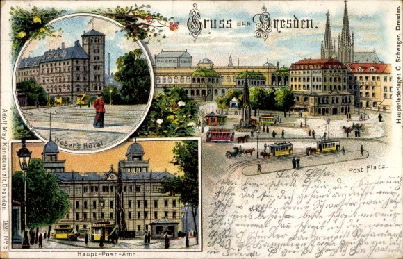 Litho Dresden Altstadt, Webers Hotel, Post, Postplatz