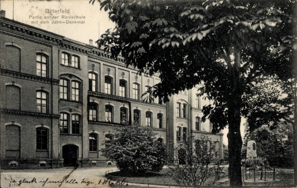 Postcard Bitterfeld in Saxony-Anhalt, view of the secondary school, Jahn monument, trees