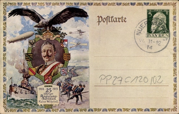 Postwaardekaart Ansichtkaart Kaiser Wilhelm II, 25-jarig regeringsjubileum, Zeppelin, oorlogsschip