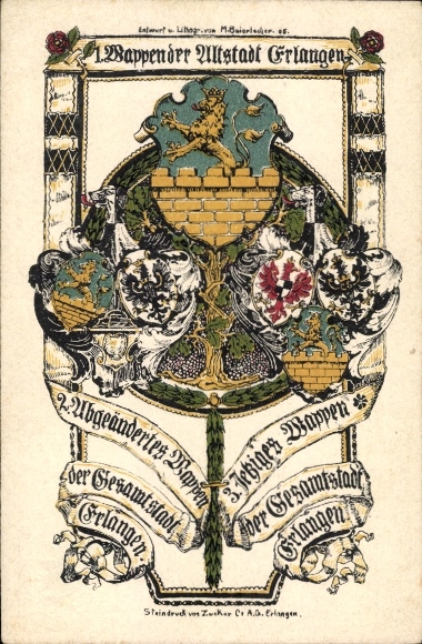 Postwaardestuk litho wapen Ak Erlangen in Midden-Franken Beieren, wapen van de oude stad, hele stad