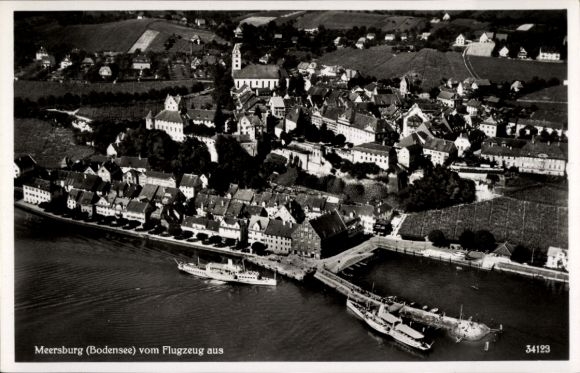 Postcard Meersburg on Lake Constance, view over the town, ship