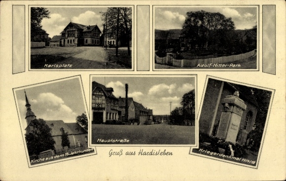 Postcard Hardisleben Buttstädt Thuringia, Karlsplatz, Hauptstr., war memorial, church, Adolf Hitler Park
