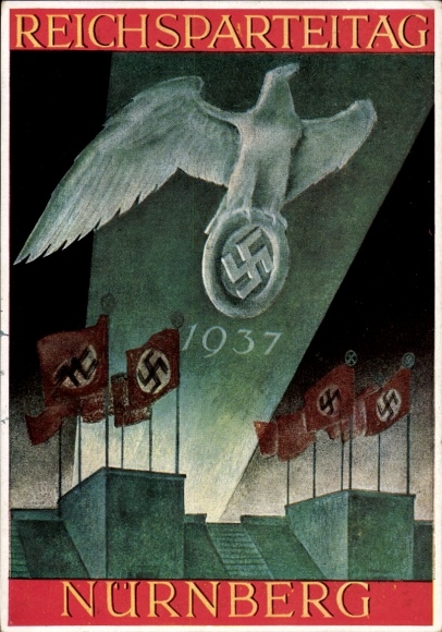 Artist Postcard Reichsparteitag Nuremberg 1937, Imperial Eagle Projection, Photo Hoffmann 37/14