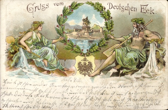 Litho Koblenz am Rhein, Deutsches Eck, Vater Rhein, Mutter Mosel